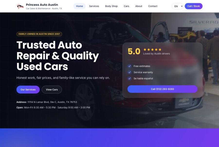 Screenshot of the Princess Auto Austin website homepage